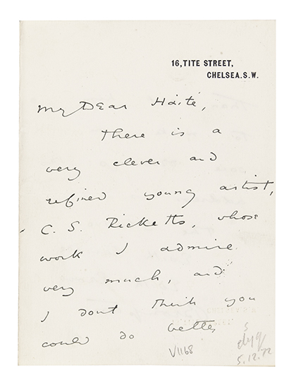 WILDE, OSCAR. Autograph Letter Signed, to George C. Haité ("My Dear Haité"),